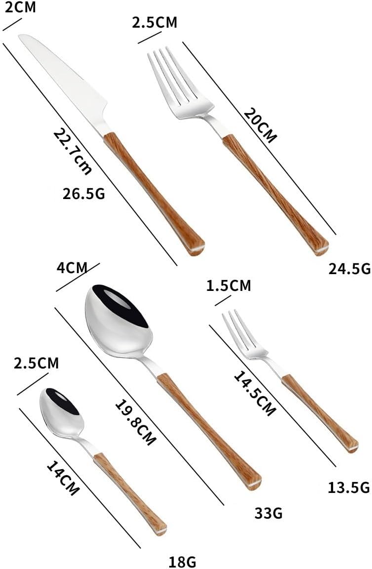 Silverware Flatware Cutlery Set， 5/20/30/40/50/60 Pieces Household Stainless Steel Imitation Wood Handle Small Waist Cutlery Set，Black-12Set-60Pcs