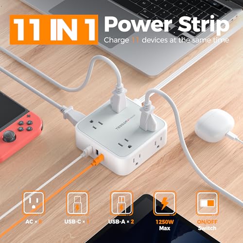 Image of TESSAN Surge Protector Power Strip, 5 Ft Flat Plug Extension Cord with 3 USB (1 USB C 20W PD) 8 Outlets, 1250W, 900J Protection, 3 Sided Outlet Extender with Power Switch for Office, Dorm Room, Grey