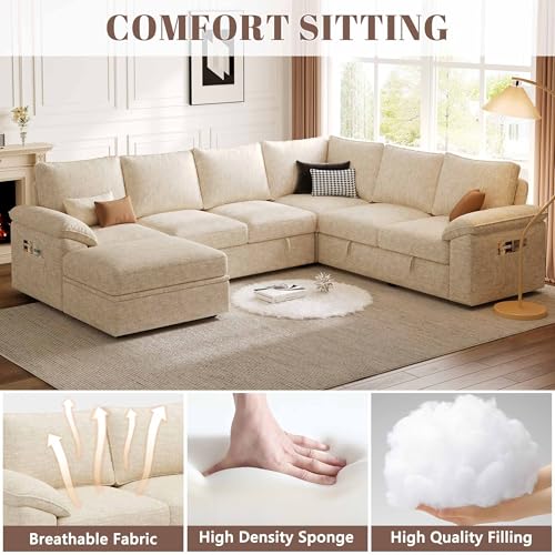 Image of 108 Inch Modular Sectional Sofa with Pull Out Bed,U Shaped 7 Seat Sectional Sleeper Sofa with Storage,Sectional Couches for Living Room,Cloud Modular Couch,Removable Sofa Cover,Beige