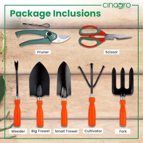 Image of Cinagro Garden Tools Kit (Set of 7) Weeder, 2 Trowels, Hand Fork, Cultivator, Scissors, Pruner | Gardening Tools Kit for Home Garden, Indoor and Outdoor Gardening