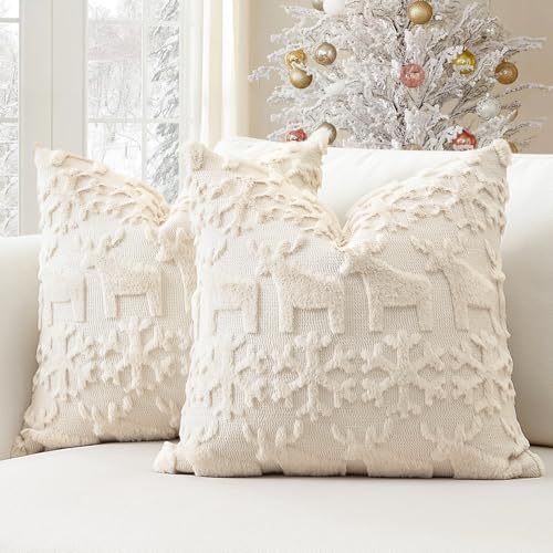OTOSTAR Set of 2 Xmas Soft Plush Short Wool Velvet Decorative Throw Pillow Covers Square Luxury Style Cushion Case Pillow Shell for Sofa Bedroom Snowflake and Elk Cream Beige, 14x14 Inch