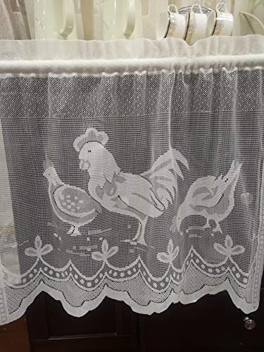 Meaning4 Valance Curtain With Rooster Cock White Country Semi Sheer Knit Lace 1 Pc 60"X14"(152X36Cm) Rod Pocket #TOP2