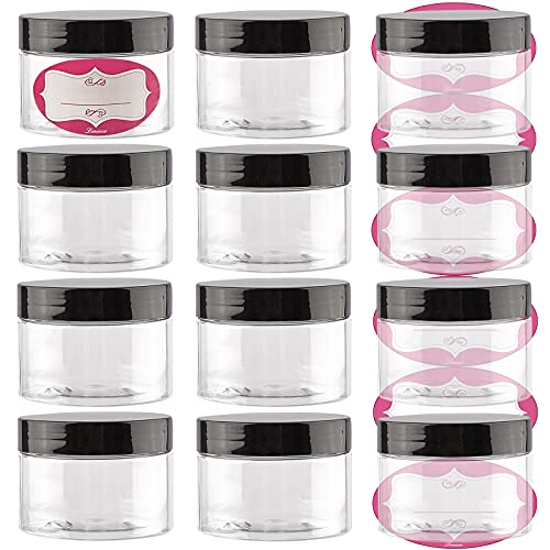 LEMEOSO 4oz Clear Plastic Jars with Lids and Labels, 12pcs Empty Refillable Plastic Storage Containers for Slime, Cosmetic, Scrubs, Body Butter, Lotion, Powders