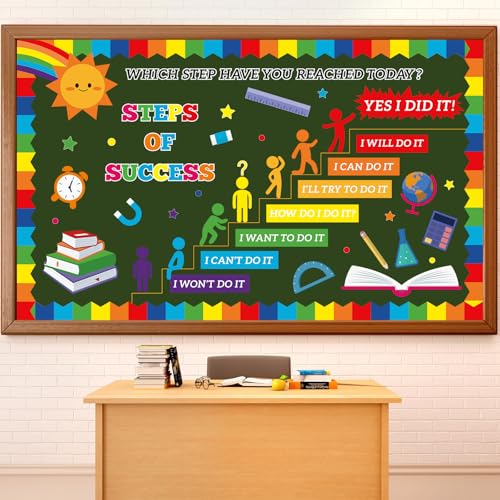 gisgfim Motivational Bulletin Board Decorations Set Positive Classroom Decor Steps of Success Cutouts Inspirational Quote Bulletin Board for Back to School Elementary Home Chalkboard Wall