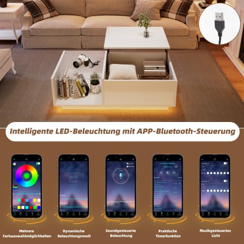 LED Couchtisch, Höhenverstellbarer Kaffeetisch mit Smart LED Beleuchtung & Verstecktem Stauraum, Hochglanz Wohnzimmer Tisch, 50x100x(33-46.5) cm, Weiß/Schwarz