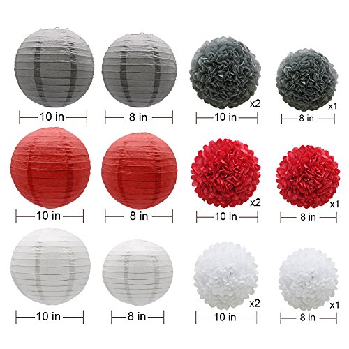 Image of KAXIXI 15-Pack Red-White-Gray Party Decorations, Paper Lanterns & Pom Poms