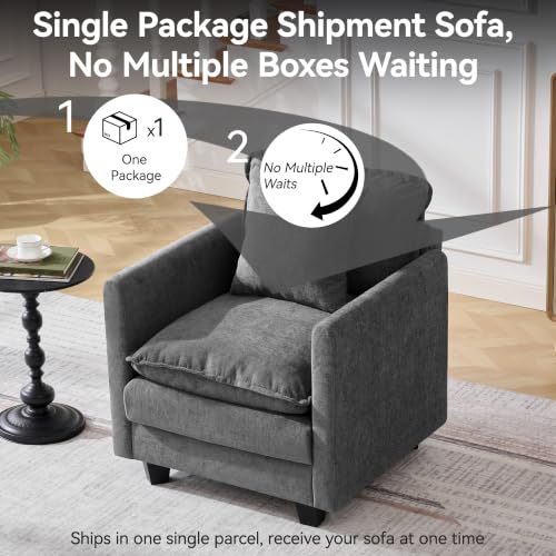Image of 30'' Cloud Single Couch, Cloud Sofa with Throw Pillow, Modern 1 Seater Reading Chair with Deep Seat, Accent Chairs for Living Room, Bedroom, Small Apartment, Dark Grey
