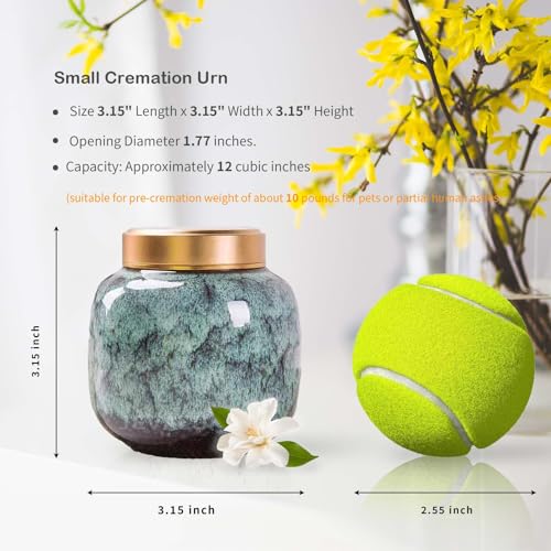 Green Kiln-Transmutation Ceramic Urn - 10 cu in Small Urn for Ashes, Aluminum Lid Memorial for Adults & Pets (3.15