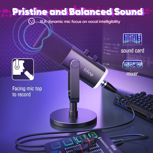 FIFINE XLR Streaming Mikrofon und Gaming Audio Mixer, USB Dynamisch Microphone Gaming PC für Podcast Studio, Streaming RGB PC Mixer mit XLR Mikrofon Interface (AM8 + SC3)