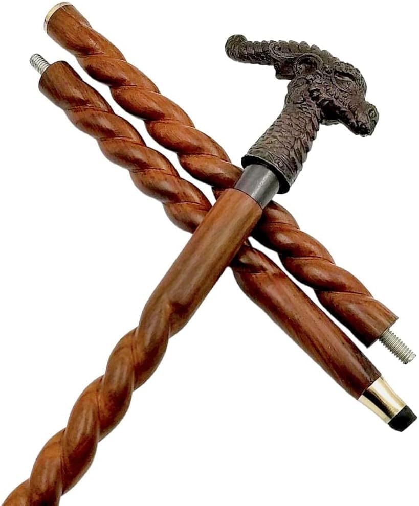 Bastón victoriano de madera marrón con cabeza de dragón de estilo antiguo, latón macizo, estilo náutico, bastón de madera