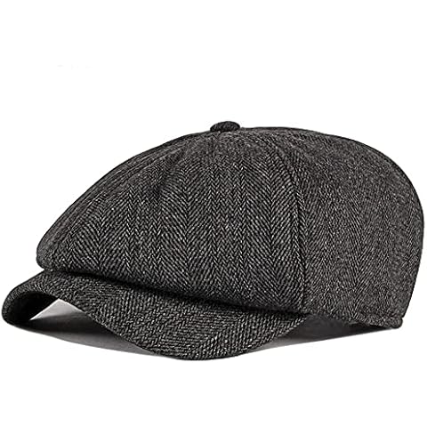 Mens 8 Panel Tweed Peaky Newsboy Cap Gastby Cabbie Hat Snap Brim, Black, One size Cover