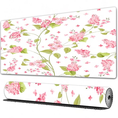 FEHWI Gaming Mouse Pad Extra Large Keyboard Mouse Mat Desk Pad Soft Smooth Surface and Anti-Slip Rubber,The floral pattern over light Flower pattern of purple hydrangea flowers over white,16x35.5 in