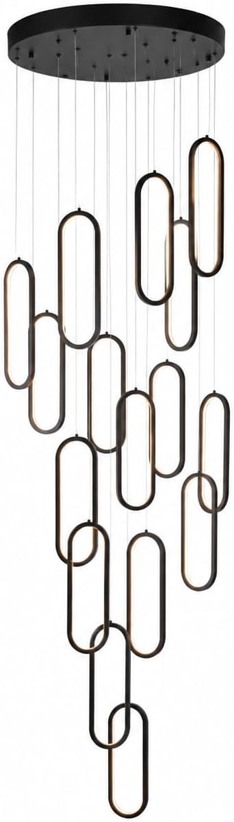 Modern LED Chandelier for High Ceilings, Black Staircase Chandelier with Adjustable Hanging Cables, Dimmable Pendant Light with APP & Remote, 3 Color Temperatures for Foyer Entryway Living Room