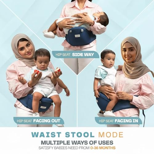 Image of BAYBEE Baby Carrier for 0 to 3 Years with Hip Seat, Breathable Mesh Fabric, 6-in-1 Carry Positions, Adjustable Shoulder Straps & Waist Belt, Max Weight Up to 15 Kgs, Newborn to Toddler Carrying Bag (Blue)