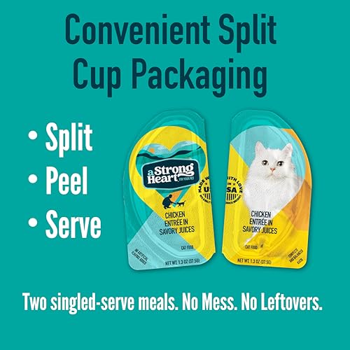 Image of A Strong Heart Split Cup Wet Cat Food, Chicken Entree - 2.6 oz Split Cups, 20 Servings (Pack of 10), Made in The USA with Real Chicken