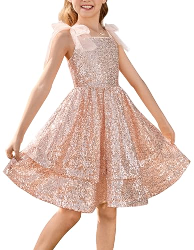 GRACE KARIN Girls Sequin Dress Princess Party Dress Elegant Sparkling Sleeveless Shoulder Strap Dresses Rose Gold 10 Years
