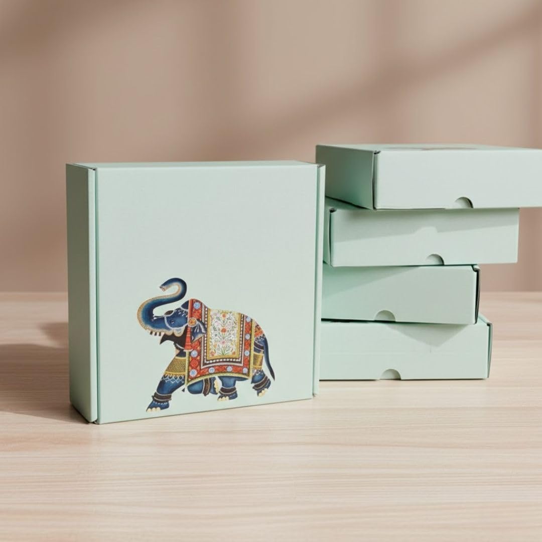 SATYAM KRAFT 5 Pcs Multipurpose Decorative Folding Paper Box with elephant print Rectangle Cardboard DIY Box for Wedding, Gift Hamper,New year Gifting Boxes&Decoration (pack of 5)(Green)