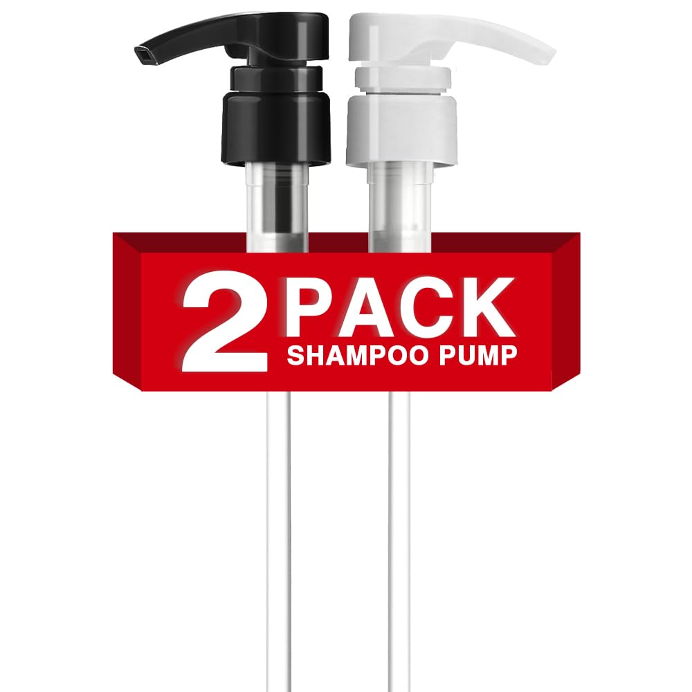 2-Pack Shampoo Pump for Liter 33.8 oz Shampoo and Conditioner, Pump Dispenser Fits Most Salon Bottles with 1-inch Wide Opening, Black & White Replacement Pump for Soft Hair Products, Body Wash, Lotion