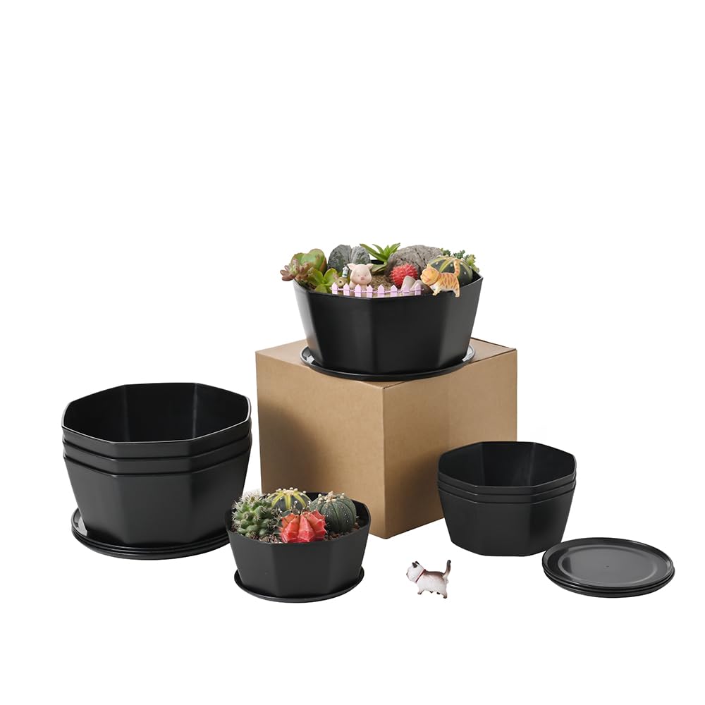 BangQiao 8 Pack 8.00 inch and 5.90 inch Black Plastic Shallow Plant Pot, Octagon Bowl Planter Container with Pot Tray for Succulents, Cactus