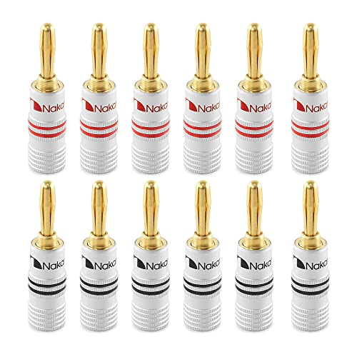 Nakamichi 24K vergoldeter Bananenstecker 12 AWG - 18 AWG Gauge Größe 4mm für Lautsprecher Verstärker Hi-Fi AV Receiver Stereo Heimkino Audiokabel Stecker schraubbar 12 Stück (6-Paare)