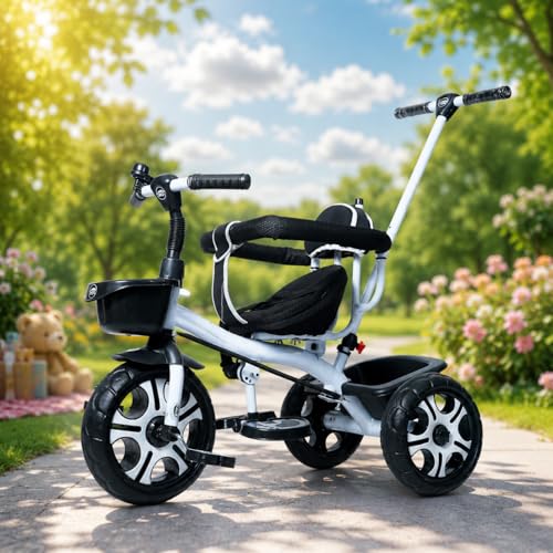 Image of MEA Kids Tricycle with Parent Push Handle for Toddlers|Baby Trike with Safety Guard Rail, Comfortable Cushioned Seat, Storage Basket & Footrest|Ride-On Cycle for Boys & Girls (Black) (Without Canopy)