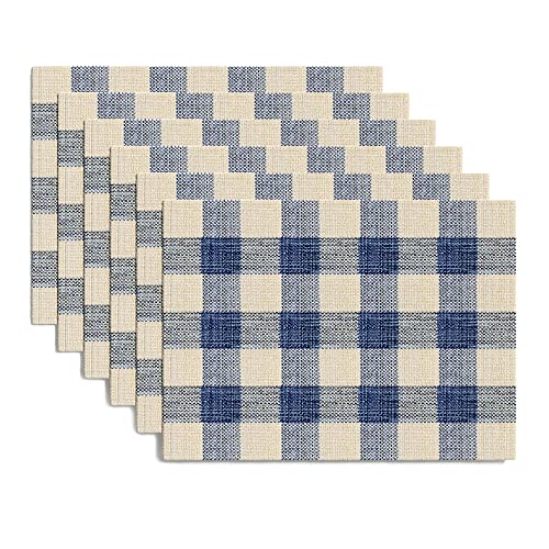 Barnyard Designs Set of 6 Buffalo Check Cloth Placemats, 100% Cotton, Rustic Farmhouse Style Fabric Mats for Dining Table Decoration, Blue/Ivory, 14” x 19”