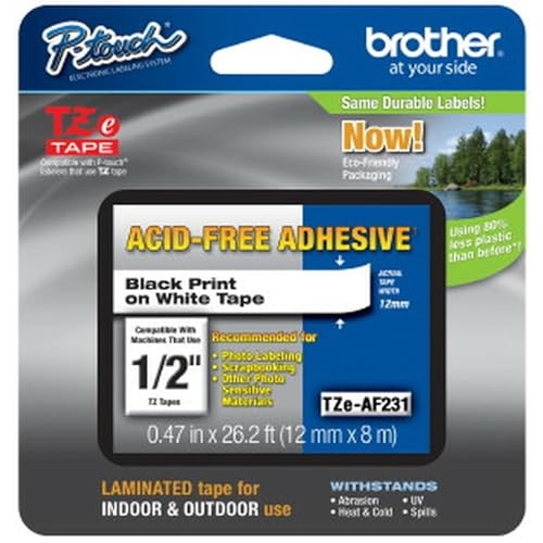 Image of Brother Genuine P-touch TZE-AF231 Tape,1 /2 inch (0.47 inch) Wide Acid-Free Adhesive Laminated Tape, Black on White, Safe for Photo-Labeling or Scrapbooking, Water-Resistant,0.47 inch x 26.2' (12mm x 8M), TZEAF231