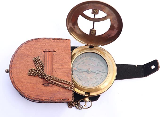 Meridiana in ottone con finitura anticata e cassa in pelle, quadrante in rame, bussola e orologio solare, bellissimo regalo fatto a mano, accessorio steampunk Meridiana in ottone con finitura anticata e cassa in pelle, quadrante in rame, bussola e orologio solare, bellissimo regalo fatto a mano, accessorio steampunk