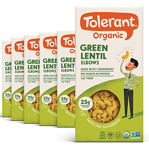 Tolerant Organic Green Lentil Elbows Pasta (8 oz, Case of 6) - Free from Allergens - Gluten Free, Vegan, Paleo, Plant Based Protein Pasta - Non GMO, Kosher - Made with 1 Single Ingredient