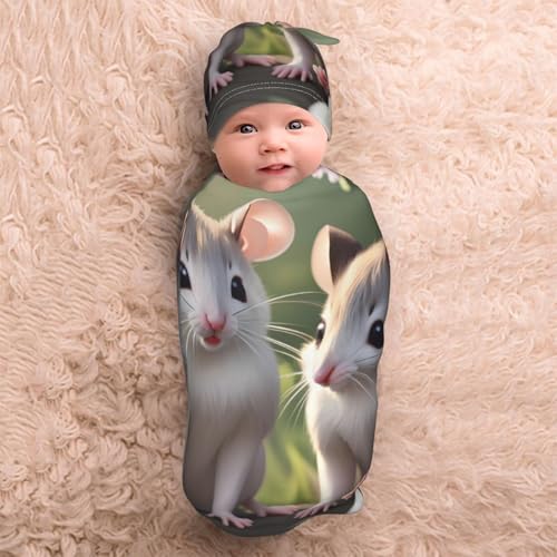 Mouse in Love Print Newborn Swaddle Blanket with Beanie Set, Soft Baby Sleep Sack Receiving Wraps, for Boy Girl 5
