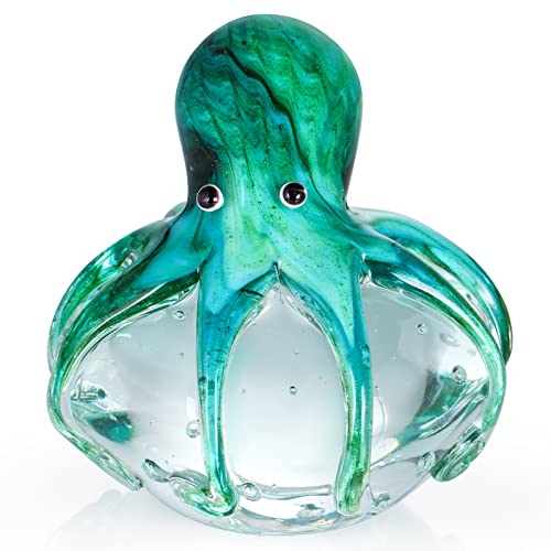 Skelang Ornement Figurine en Verre, Sulfure Presse Papier, Presse Papier de Poulpe en Verre pour la Maison, Le Bureau, la décoration de fête et Cadeau (Bleu-Vert)