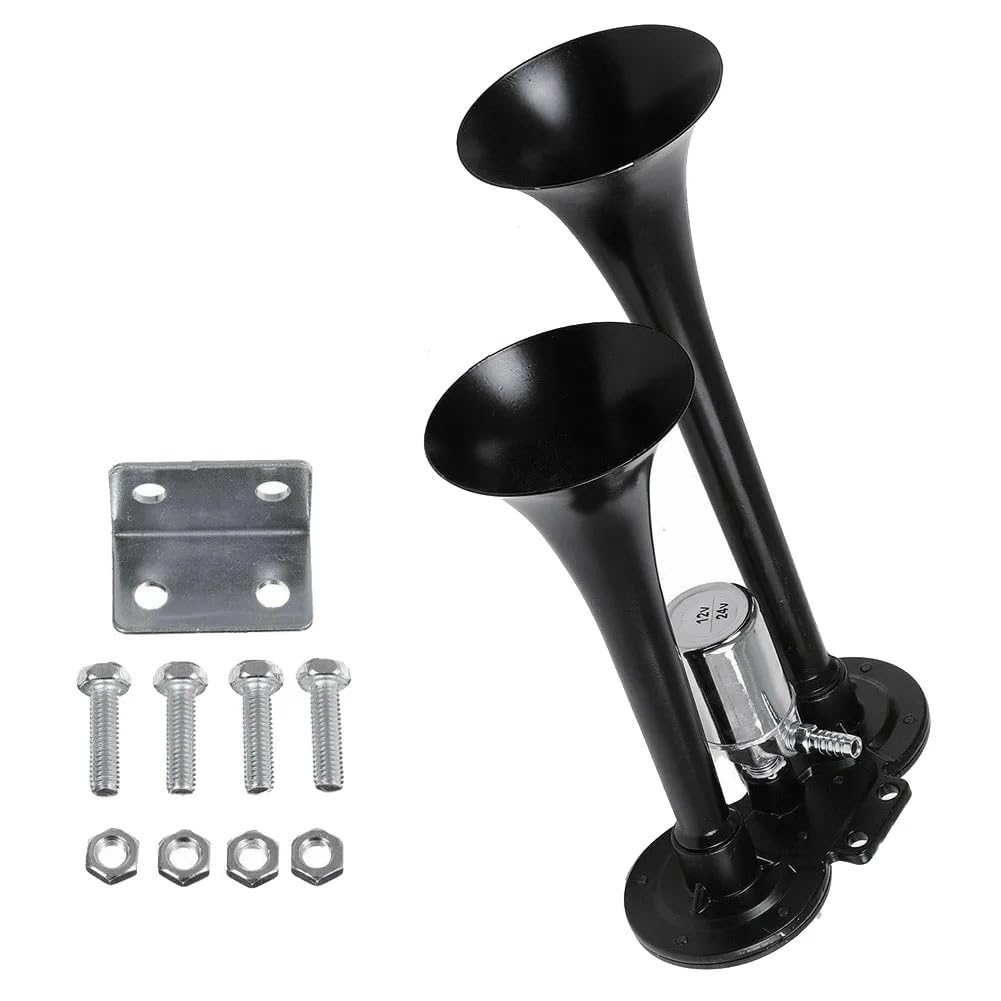 Dwutonowy klakson, Podwójny klakson pneumatyczny 12V/24V do samochodów ciężarowych łodzi srebrny i czarny(Black)