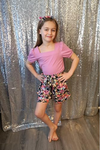 Image of Arshiner Toddler Girls 3 Piece Outfit Set Puff Sleeve Square Neck Top with Shorts and Matching Headband Summer Clothes 2T-8Y