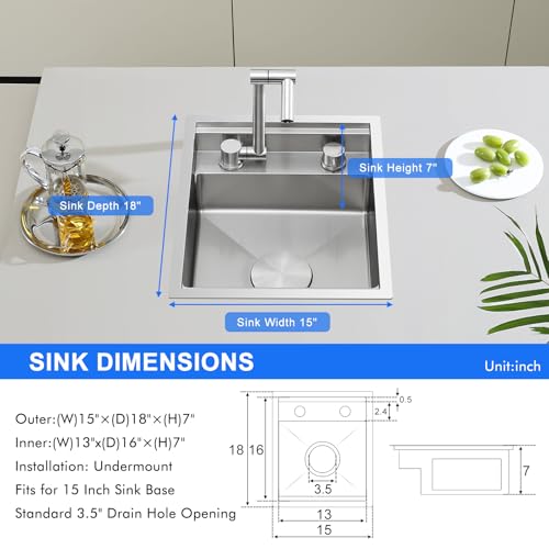Image of 15 Inch Brushed RV Sink - MENATT 15 x 18 Inch Small Kitchen Sink 18 Gauge Stainless Steel Single Bowl Basin with Foldable Faucet Cutting Board