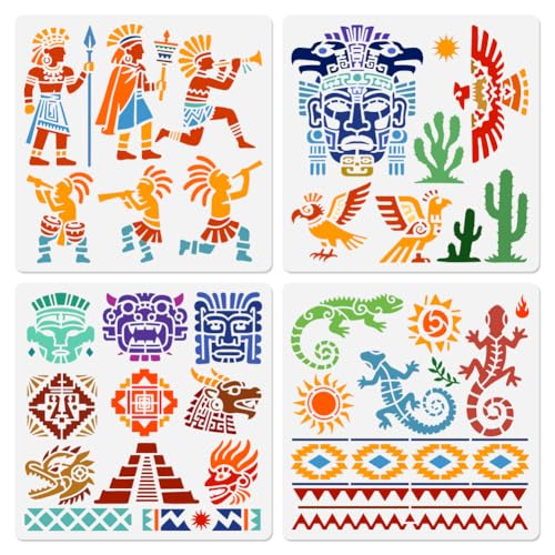 DOODLREAM 4 plantillas aztecas para pintar, 30 x 30 cm, plantillas reutilizables de cultura maya, plantillas de dibujo de cabeza azteca, plantillas de pintura para manualidades, decoración del hogar