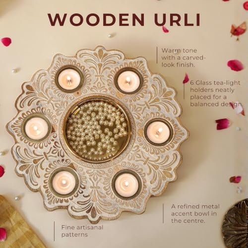 Image of BEHOMA Wooden Urli Bowl with 6 Tea Lights, Rustic White, 12 inch | Rustic white wooden mandala urli with 6 tea lights; perfect Diwali, rangoli & festive centerpiece.