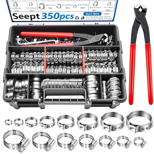 Seept 350Pcs 5.3-51mm Single Ear Hose Clamps with Worm Gear Hose Clamps Assortment Kit Pack in Handheld Box for Auto/Home Appliance/Pipe/Fuel Line