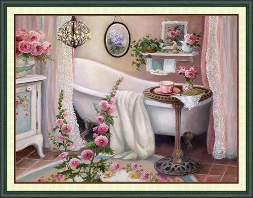 IUHUI Kit de punto de cruz estampado de 11 unidades para principiantes y adultos, cómodo baño preimpreso, kit de inicio de costura de bordado de 11 quilates, patrones fáciles (baño de flores frescas