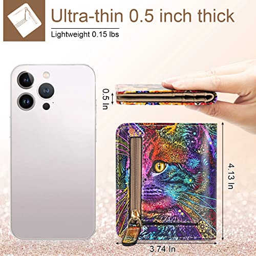 APHISON Womens Wallet, Slim Small Wallet for Women RFID Wallet Women Cartoon Microfiber Leather with ID Credit Card Holder Zipper Coin Pocket Bifold Compact Wallet Cat3