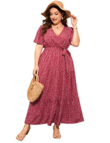 Image of ShopWonder Womens Plus Size V Neck Wrap Maxi Dress High Waist Ruffle Summer Casual Dress with Belt