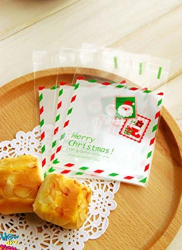 Dosige Creative Green Stamp Print Cookie Candy Package Bags Santa Claus Merry Christmas Self Adhesive Treat Bags Christmas Supplies