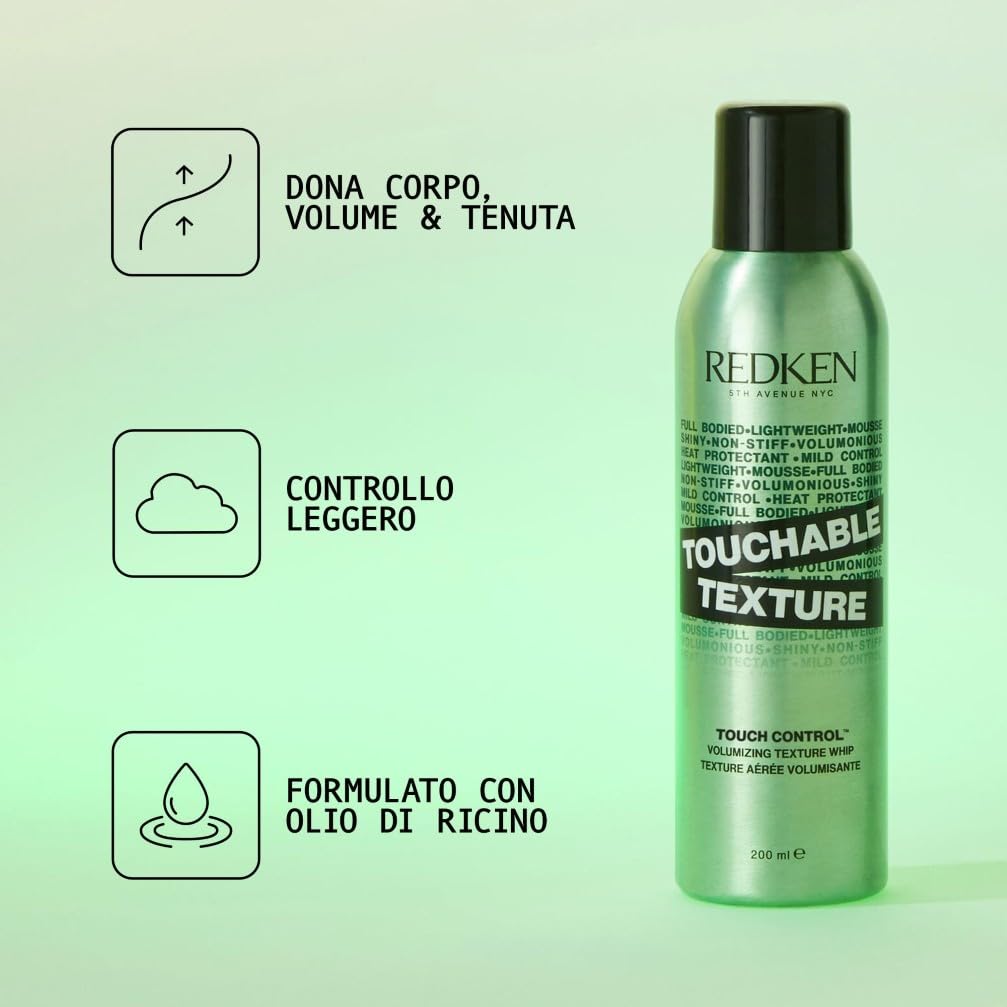 Redken Mousse Volumizzante e Texturizzante, Dona Corpo e Volume, Finish Naturale, Per Tutti i Tipi di Capelli, Formula Vegana con Olio di Ricino, Touchable Texture, 200 ml
