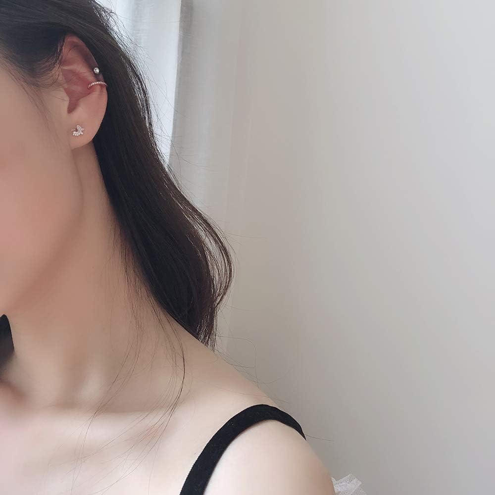 Dainty Crystal Ear Cuffs No Piercing Small Fake Hoop Earrings Sterling Silver CZ Cartilage Wrap Climber Huggies 11mm for Women Rose Gold