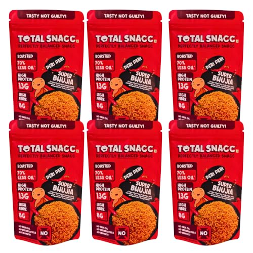 Image of TOTAL SNACC Roasted Bhujia Peri Peri (70g x 6) | High Protein 19g, High Fibre 12g | 70% Less Oil | No Palm Oil | Baked Bhujiya | Healthy Namkeen | High Protein Snacks | Diabetic Friendly | Millet Bhujia | Low Calorie