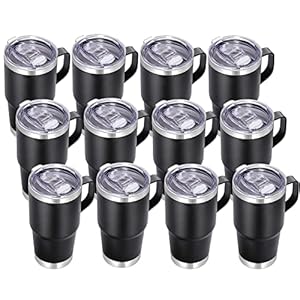 VEGOND 20 oz Tumbler Bulk with Handle Lid and Straw, Stainless Steel Insulated Travel Coffee Mug Set, Spill Proof Double Wall Metal Tumblers Cups, Powder Black 12 Pack