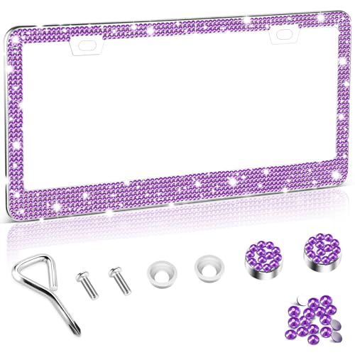 Amiss Bling License Plate Frame for Women, 1Pack Rhinestone Handcrafted Crystal Premium Stainless Steel, Stainless Steel Car Decorative Accessories with Diamond Sparkle Glitter Caps (Purple)