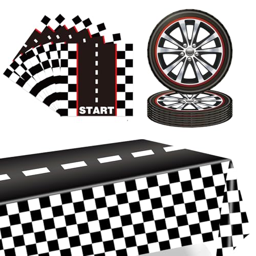 POPOYU 37 Pièces Vaisselle de Carton Cars en Papier,Assiettes Voiture,Serviette Cars Anniversaire,Nappe Hot Wheels,Ensemble de Vaisselle pour Fournitures de...