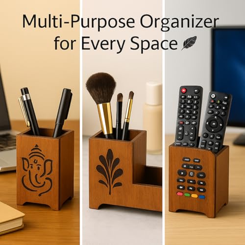 Image of DivineCraftedArt Handcrafted Wooden Pen Holder & Mobile Stand | Desk Organizer for Office, Home & Study Table | Pen Pencil Stand with Card Holder (6.75x3.75x2.5 Inch) (Blessing Ganesha)