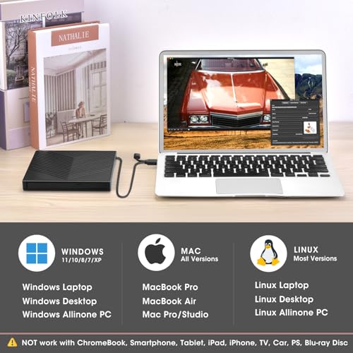 Image of ROOFULL External CD DVD Drive, USB 3.0 Type-C CD Burner DVD Player Optical Disk Drive Writer with 4 USB Ports + 2 SD /TF Card Reader + Protective Carrying Case for Laptop PC Windows Mac Linux Computer