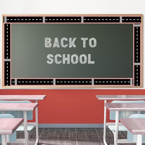Image of BeYumi Race Track Border Trim - 65ft Back to School Racing Track Straight Rolled Border Trim Road Racing Car Theme Bulletin Board Set School Classroom Office Chalkboard Race Party Holiday Decoration